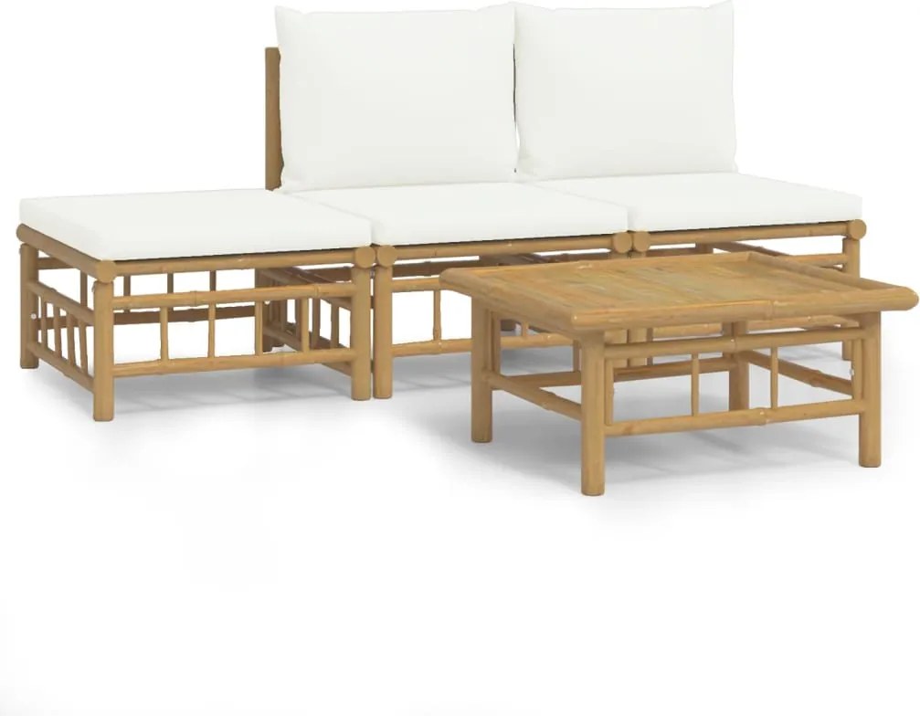 vidaXL Set mobilier de grădină, cu perne alb crem, 4 piese, bambus