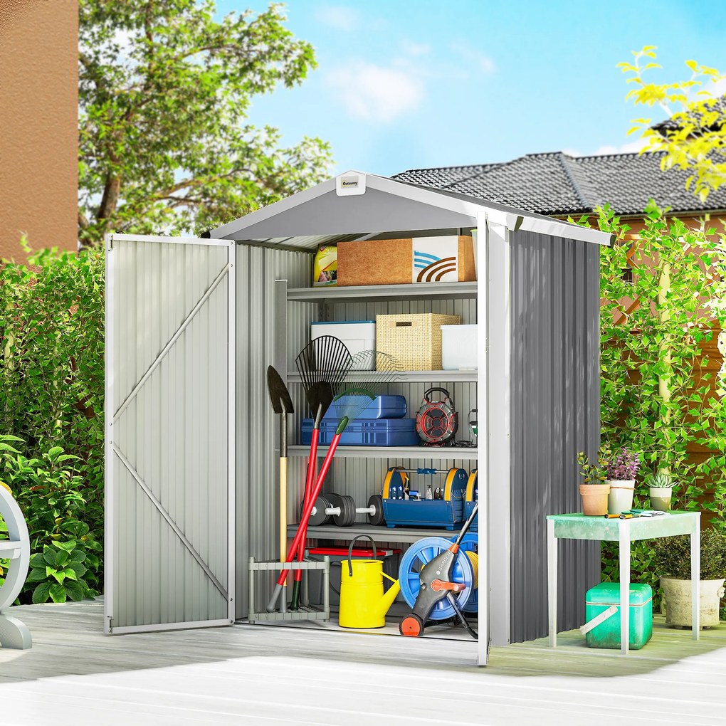 Outsunny Magazie de Grădină 1.1m² din Oțel Zincat, Magazie cu Porți Duble Largi Blocabile, Acoperiș Înclinat, Mănuși, Spațiu pentru Unelte, 133x87x178 cm, Gri Argintiu | Aosom Romania