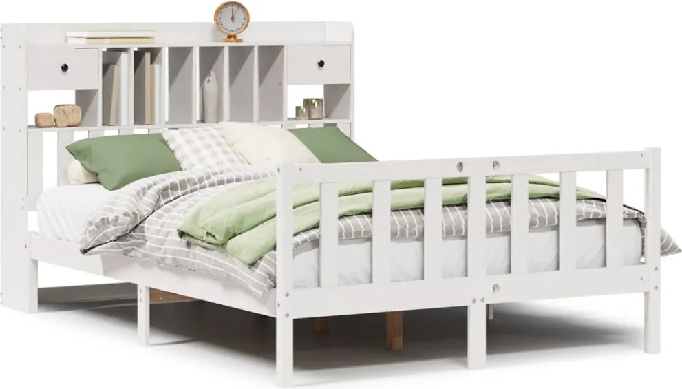 vidaXL Pat cu bibliotecă fără saltea, alb, 150x200 cm, lemn masiv pin