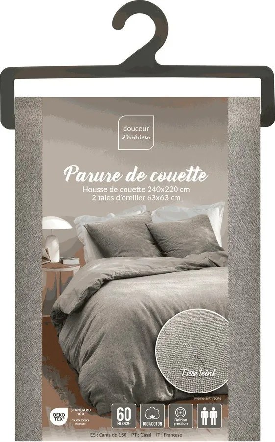 Lenjerie de pat gri din bumbac pentru pat dublu/extinsă cu 3 piese 240x220 cm Meline – douceur d'intérieur