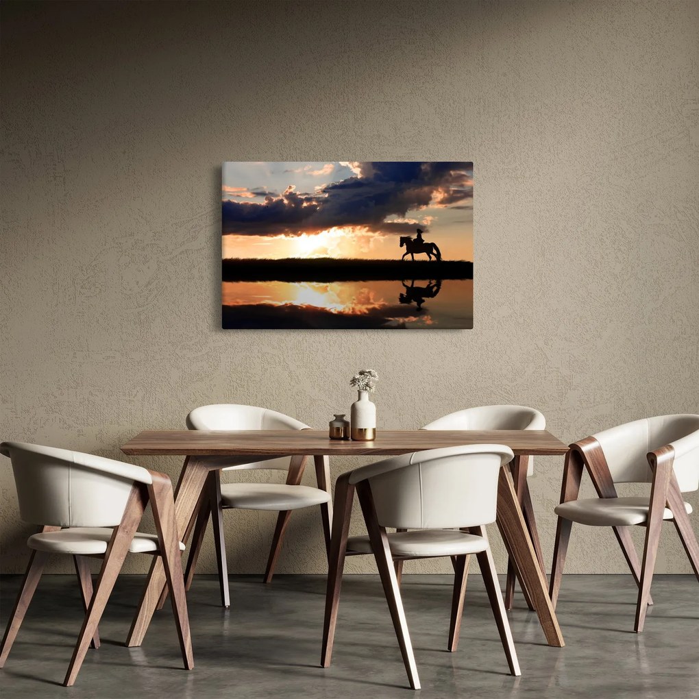 Tablou - Rider pe un cal la apus de soare (90x60 cm)