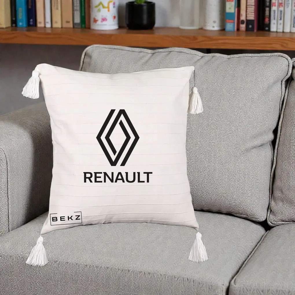 Perna Personalizata cu emblema Renault, 40x40 cm, Bej cu Franjuri, Husa Detasabila, Perna Inclusa, BEKZ®
