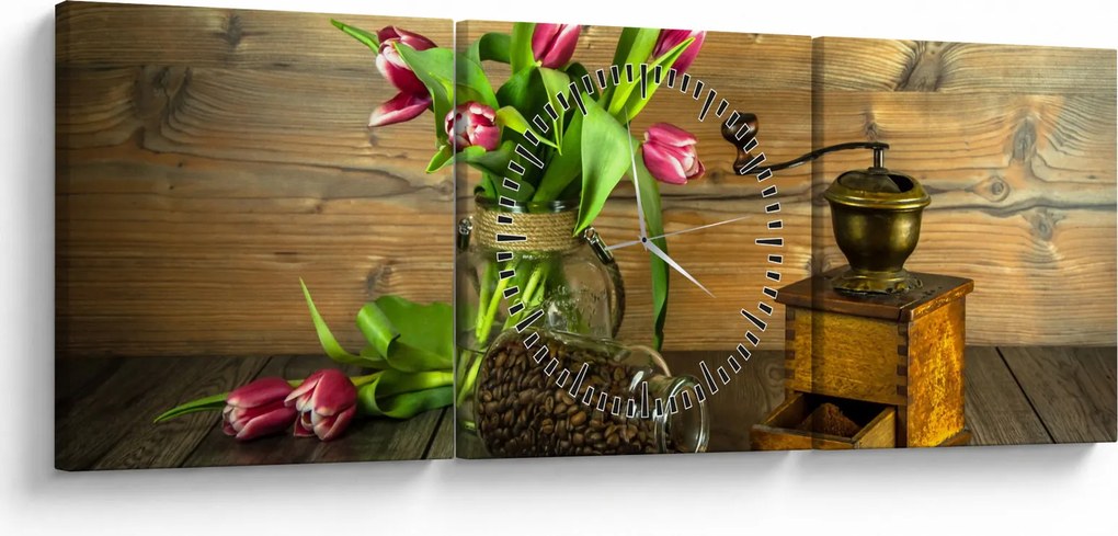 Tablou - lalele, râșniță și cafea (cu ceas) (90x30 cm)