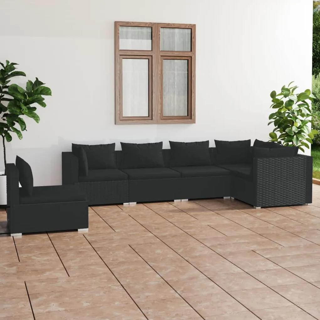 Set mobilier de gradina cu perne, 6 piese, negru, poliratan Negru, 3x colt + 3x mijloc, 1