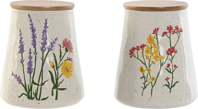 Set 2 borcane din porțelan cu capac din bambus și motive florale, 900 ml, 12,6×12,6×14,7 cm, „Bloom"