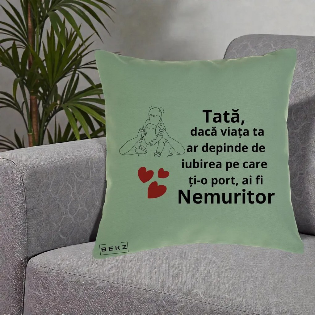 Cadou pentru Tata - Perna Personalizata Tata Nemuritor Mesaj, 40x40 cm, Verde, Husa Detasabila, Perna Inclusa, BEKZ®