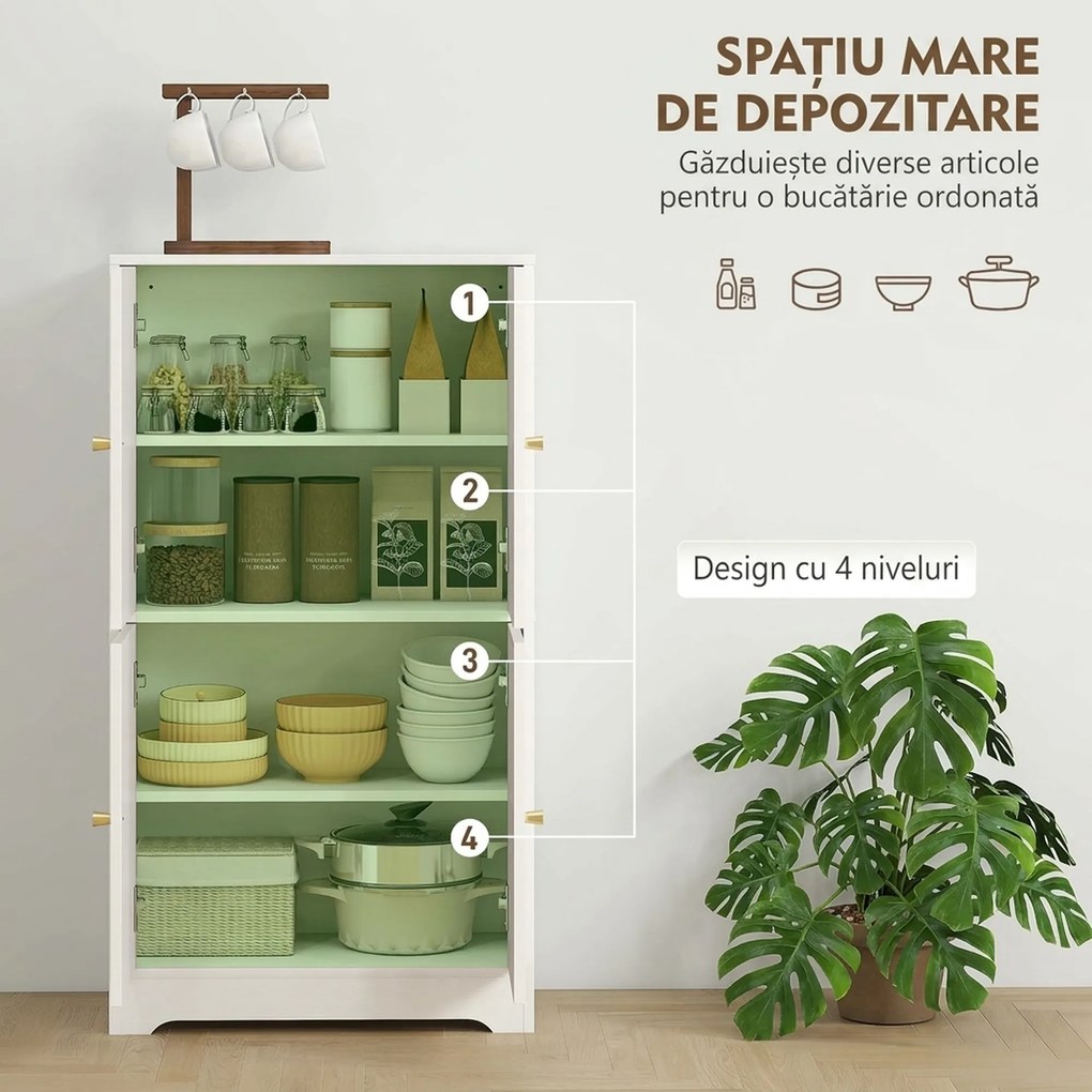 HOMCOM Comodă Bucătărie, Dulap Bucătărie cu 2 Dulapuri, 4 Uși Arcuite, 2 Rafturi Reglabile, cu Dispozitiv Anti-Răsturnare, 60x30x110 cm, pentru Sala de Masă, Living, Alb | Aosom Romania