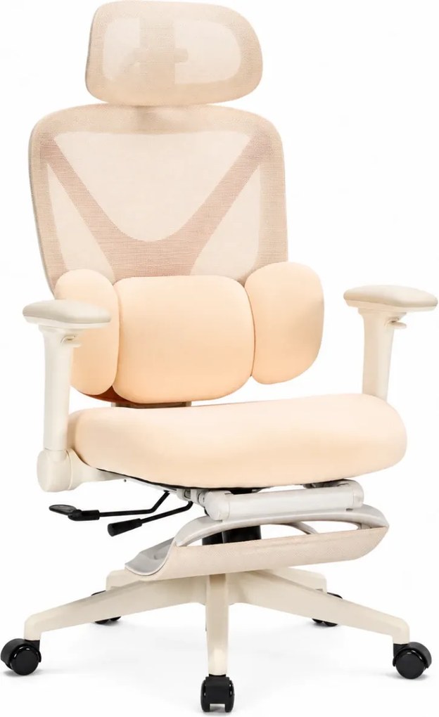 DeluxStar YX-977 NEXOR PRO FOAM SEAT – Scaun Ergonomic cu Suport Lombar 3D, Tetieră 3D, Cotiere 4D, Șezut Glisant, Înclinare 140°, Suport pentru Picioare, Bej