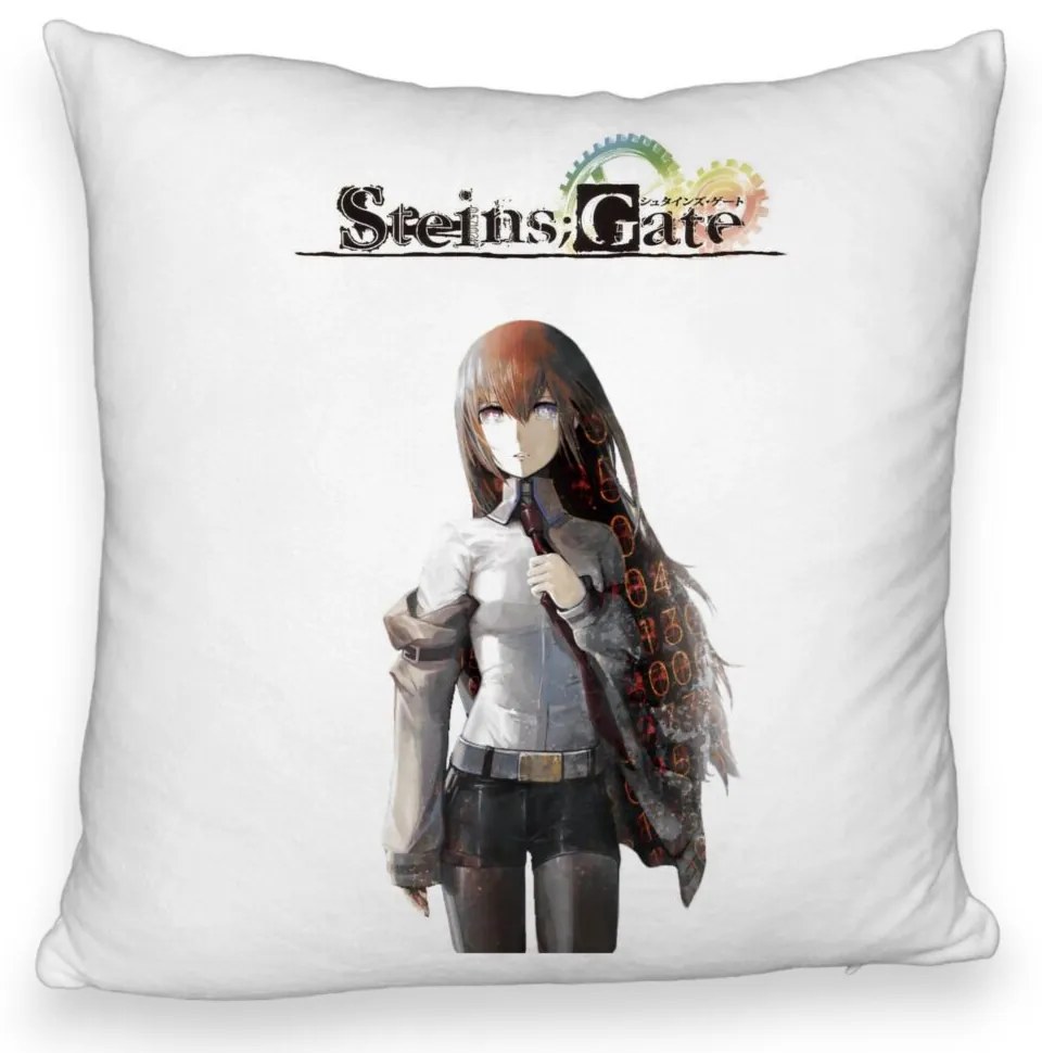 Perna Decorativa Fluffy cu Steins Gate, 40x40 cm, Alba, Husa Detasabila, Burduf