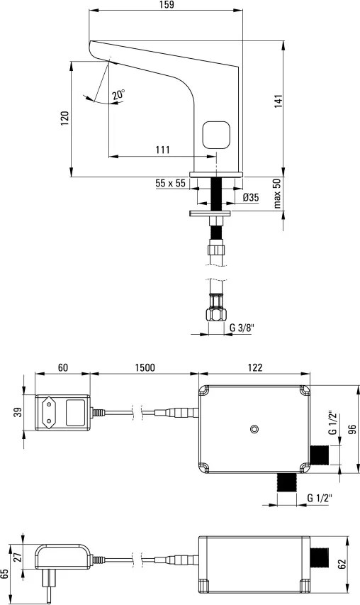 HIACYNT Baterie pentru chiuvetă, fără contact direct, cu reglarea temperaturii - 230/6V Finisaj: Negru BQH_N29V
