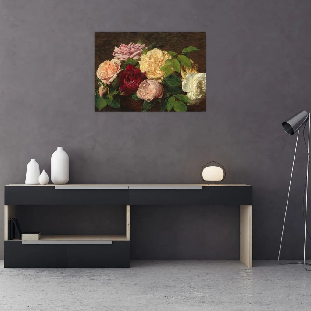 Tablou pe sticlă - Henri Fantin-Latour, Roses de Nice on a Table, reproducere (70x50 cm)