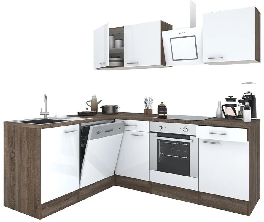 Mobilă de bucătărie de colț Yorki 220, corp din stejar Yorki, față alb satinat cu element inferior al cuptorului