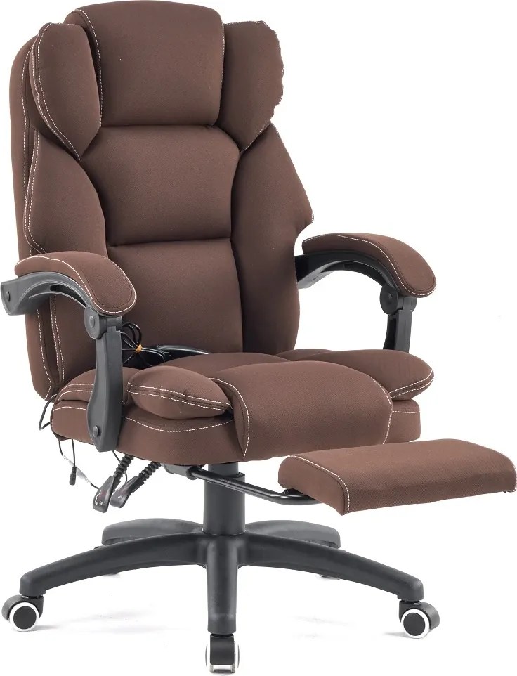 Scaun directorial, Masaj si Incalzire in 7 puncte, spatar rabatabil, suport pentru picioare, material textil premium, Maro inchis