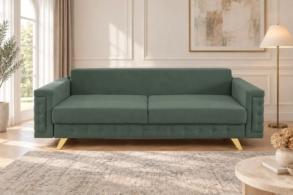 Canapea extensibilă Rosalia din stofă, verde ou de rață, picioare aurii, cu ladă de depozitare
