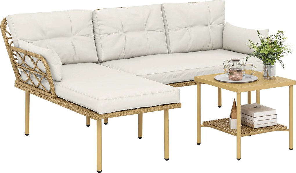 Outsunny Set mobilier de grădină colț 4 pers. 3 piese cu 1 masă de cafea perne confort incluse rășină împletită crem | Aosom Romania