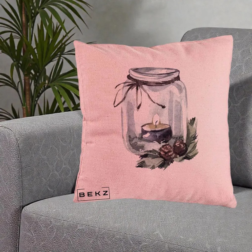 Perna Decorativa Felinar cu Lumanare si Conuri, 40x40 cm, Roz, Husa Detasabila, Perna Inclusa, BEKZ®