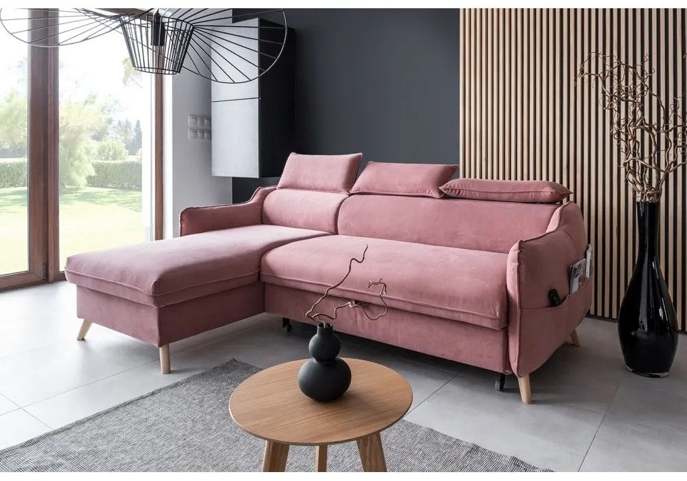 Colțar roz deschis extensibil cu tapițerie din catifea (cu colț pe partea stângă ) Sweet Harmony – Miuform