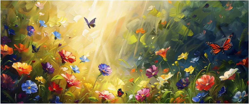 Tablou - Pajiște cu flori de primăvară, pictură (120x50 cm)