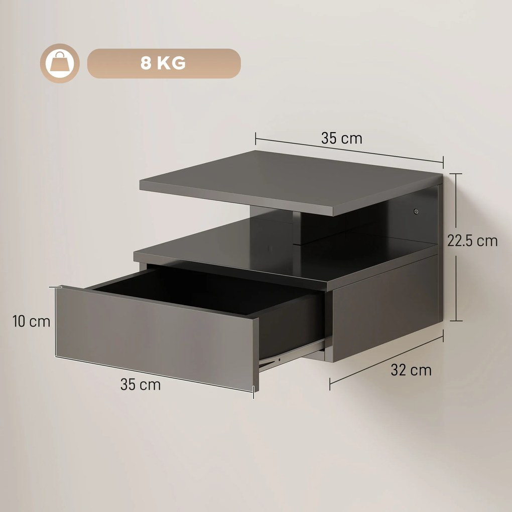 HOMCOM Set de 2 Noptiere Moderne Suspendate pentru Dormitor cu Sertar și Raft, 35x32x22,5 cm, Negru Lucios | Aosom Romania