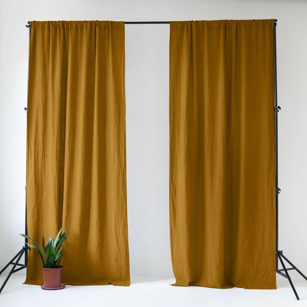 Draperie galben ocru-maro din in 140x170 cm Bronze – Linen Tales