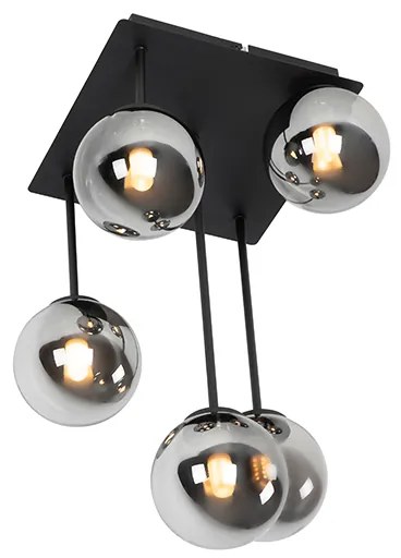 Plafoniera moderna neagra cu 5 lumini cu sticla fumurie - Atena