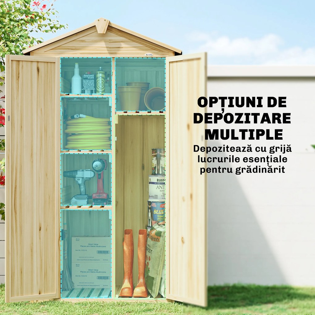 Outsunny Dulap de Grădină Căsuță pentru Unelte cu 3 Uși 93x53x168 cm Lemn Natural | Aosom Romania