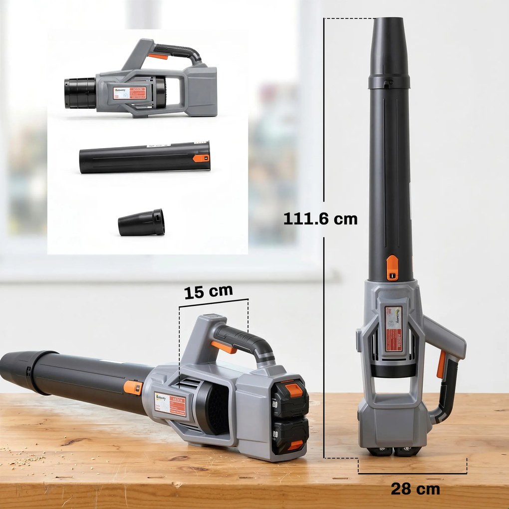 Outsunny Suflător cu Baterie 36V, Suflător de Frunze cu 2 Baterii 4Ah, Motor Brushless 1000W, 3 Niveluri de Viteză 270 km/h, Turbo Boost, Încărcător, Ușor, pentru Grădină, Frunze, Zăpadă, Praf | Aosom Romania