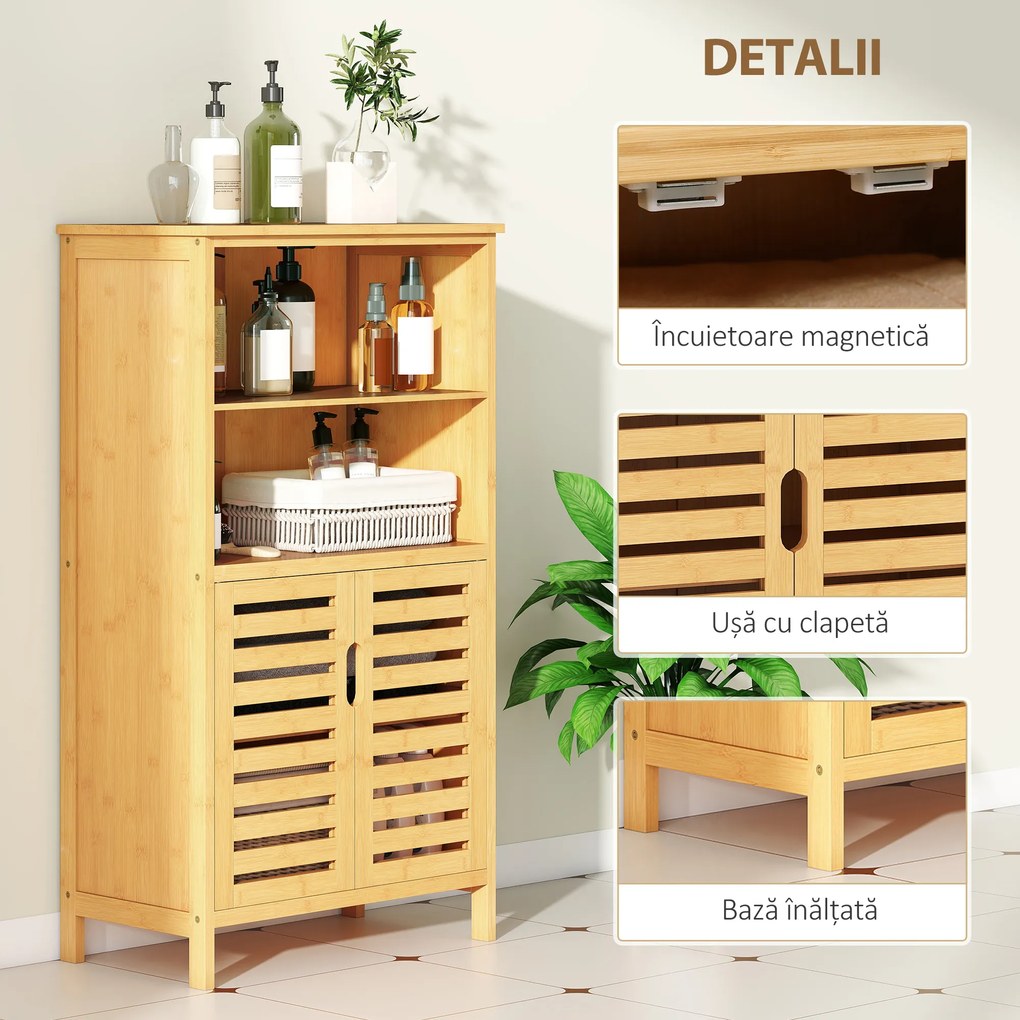 kleankin Mobile Bagno in Bambù, Mobiletto Bagno Salvaspazio con 2 Ante a Persiana e Ripiani Aperti, Armadietto da Terra per Sala da Pranzo, Salotto, Soggiorno, Cucina, 50x29x92 cm, Color Legno | Aosom Romania