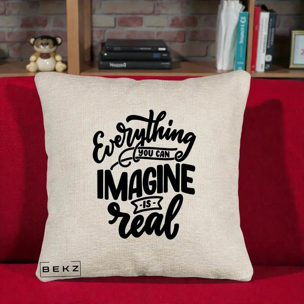 Perna Decorativa Everything You Can Imagine Is Real, 40x40 cm, Bej Canapea, Husa Detasabila, Perna Inclusa, BEKZ®