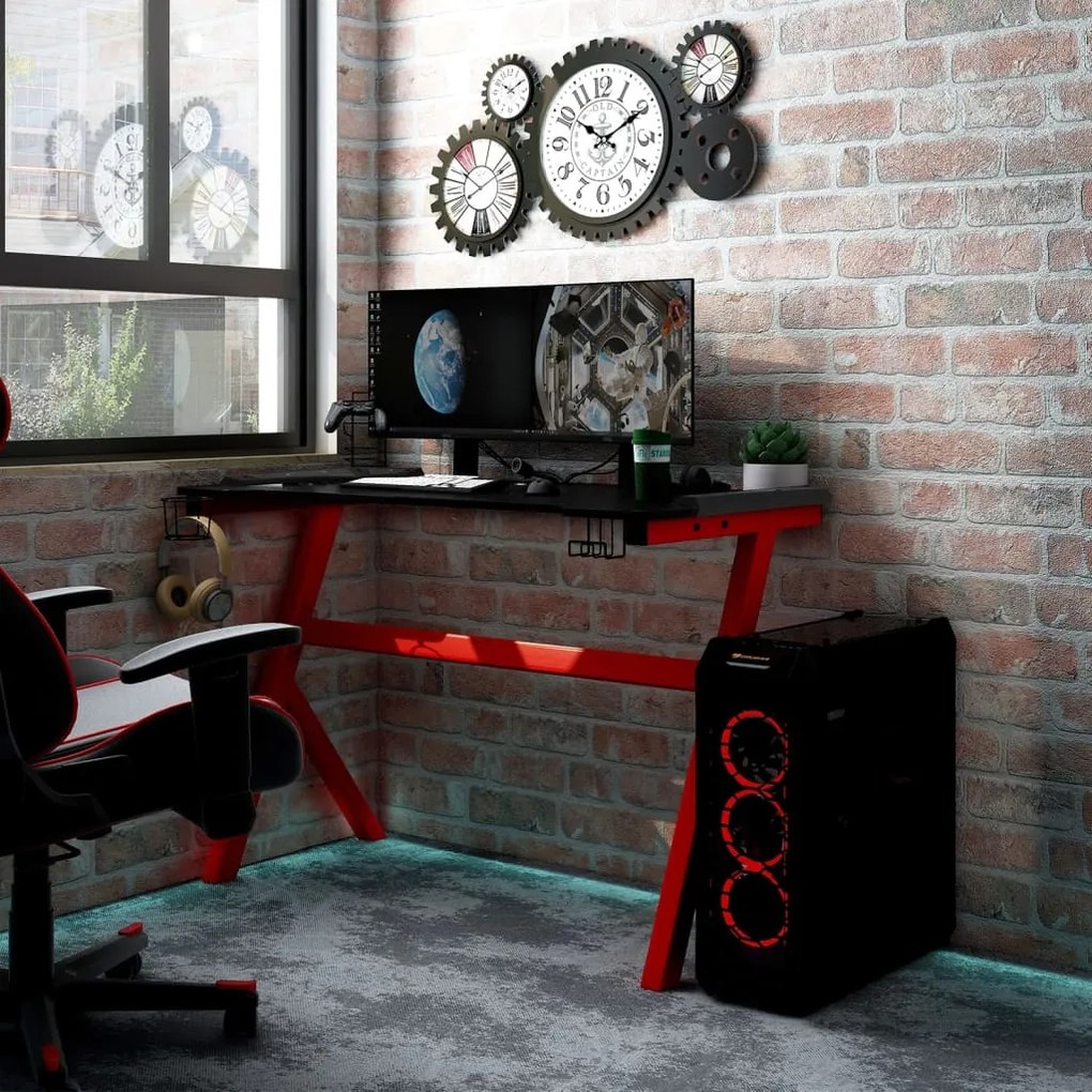 325425 vidaXL Birou de gaming cu picioare formă Y negru/roșu 110x60x75 cm LED