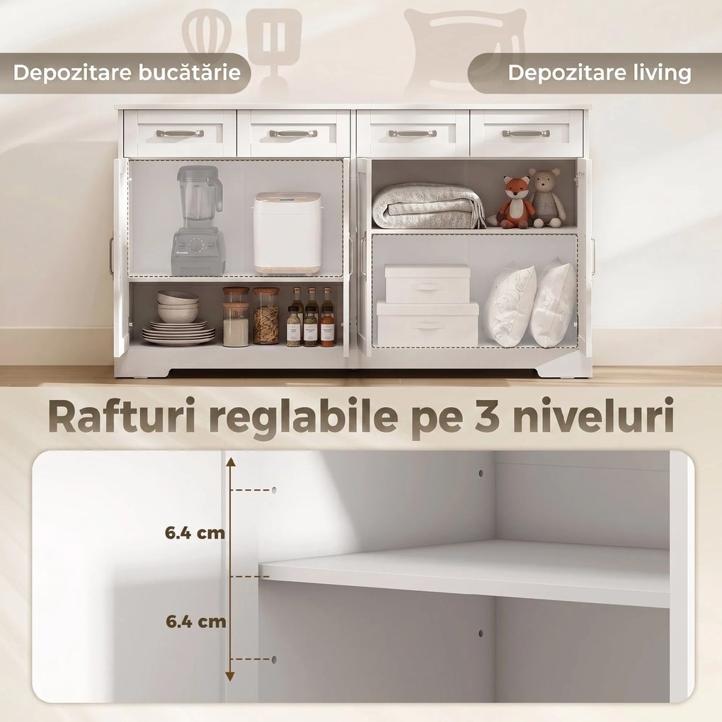 HOMCOM Dulap de Bucătărie, Mobilier de Bucătărie cu 4 Sertare, 4 Uși și 2 Rafturi Reglabile, Alb | Aosom Romania