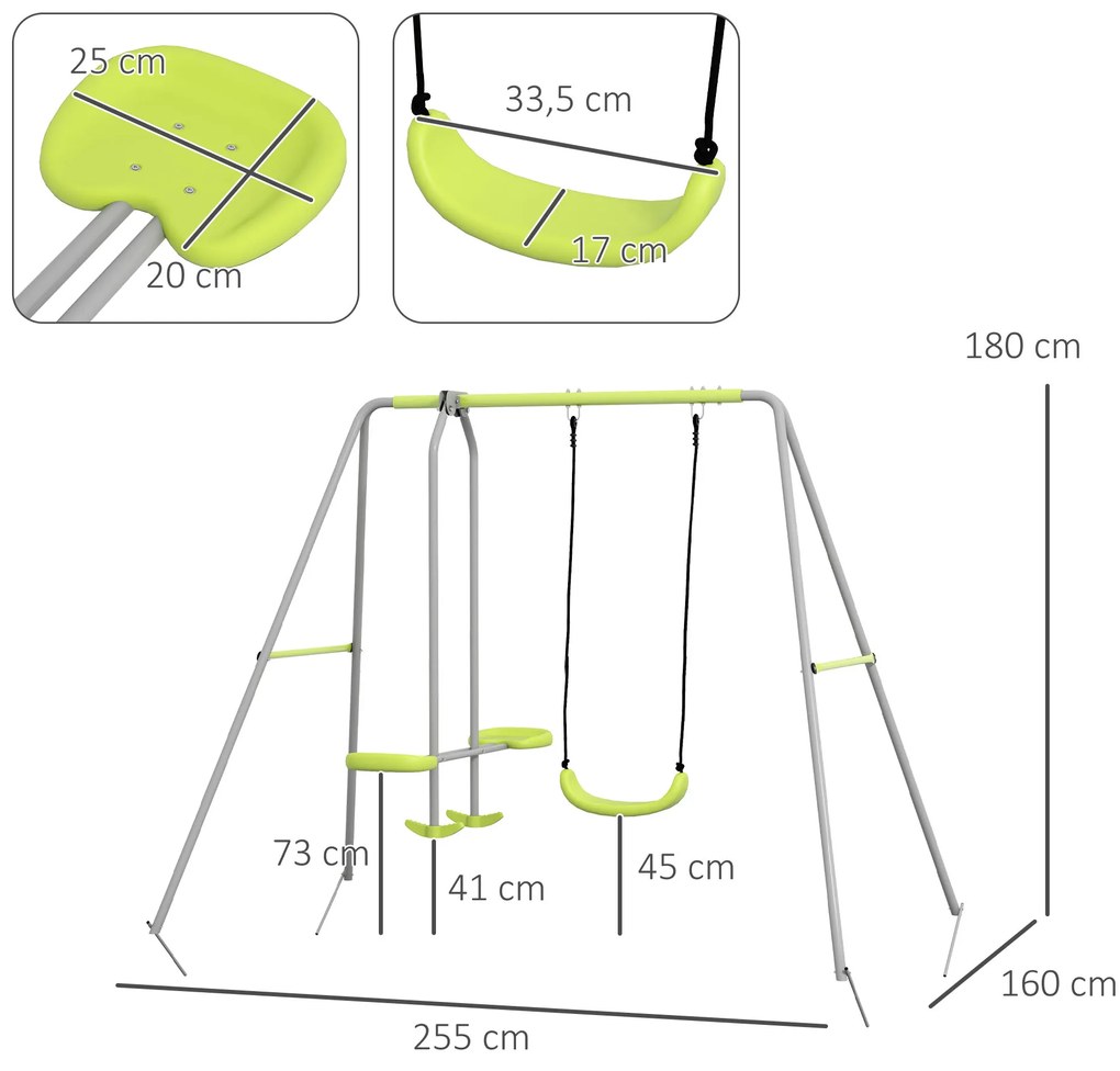 Outsunny Leagăn 2 cadru portic cu 1 leagăn și față în față 255 x 160 x 180 cm greutate maximă 135 kg verde gri | Aosom Romania