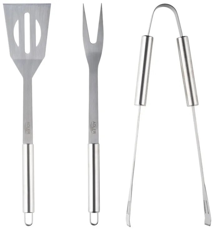Set ustensile pentru gratar Adler AD 6729, 4 piese, Otel inoxidabil, Carcasa din aluminiu, Orificii de agatare, Argintiu