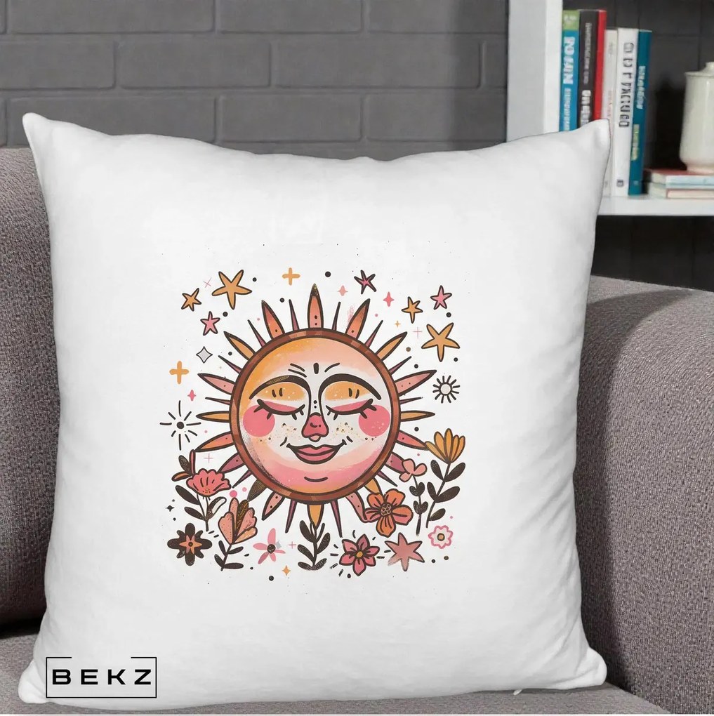 Perna Decorativa Soare Retro Boho Floral, 40x40 cm, Alb Pufos, Husa Detasabila, Perna Inclusa, BEKZ®