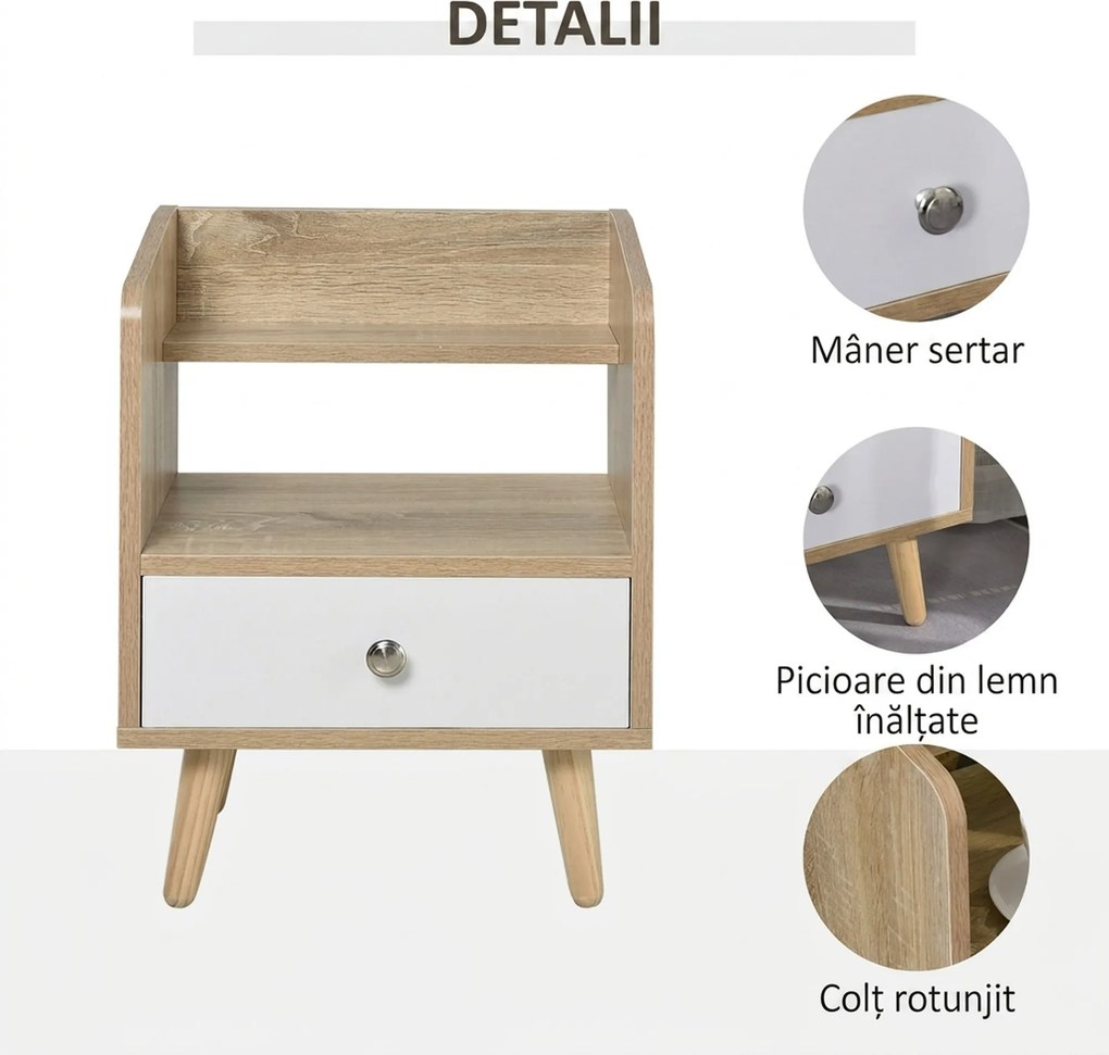 HOMCOM Noptieră cu Sertar și Raft, Mobilier Compact pentru Dormitor sau Sufragerie, Economie Spațiu, Lemn, Alb | Aosom Romania