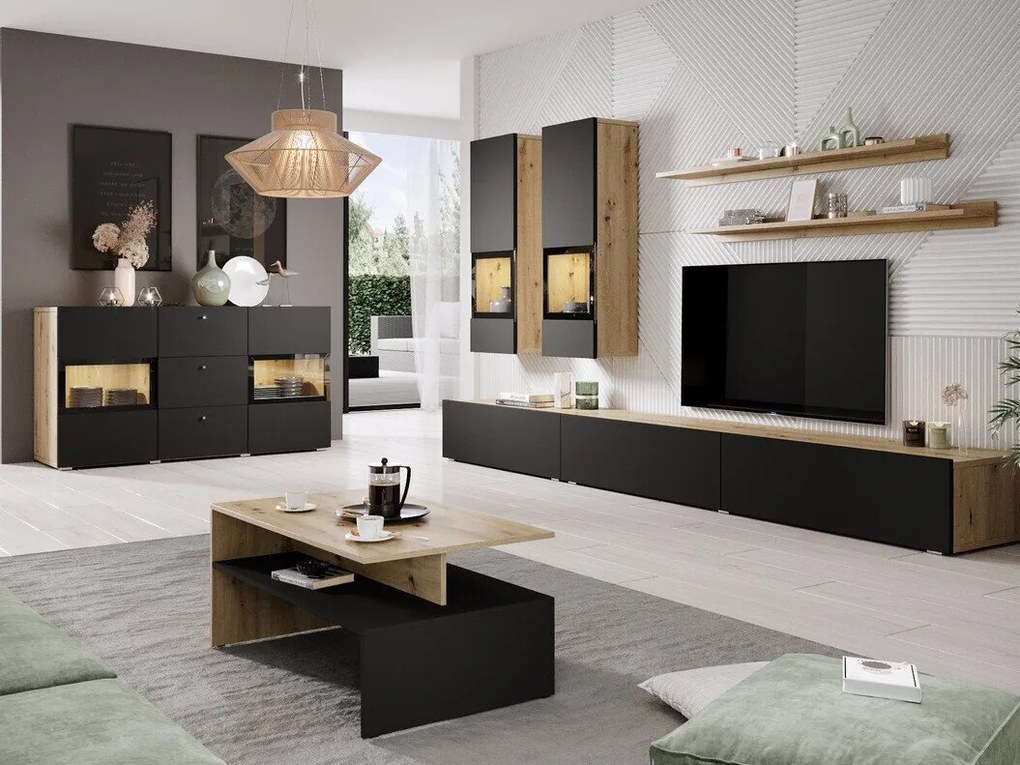 Camera de zi Austin AS103Negru mat, Stejar Artisan, Cu comodă tv, Părți separate, PAL laminat, Sticlă călită