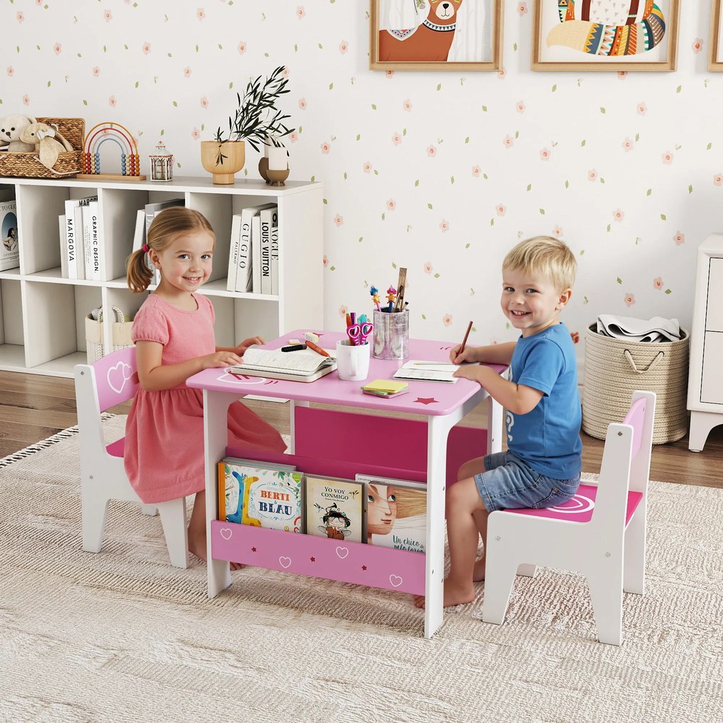AIYAPLAY Set de masă cu 2 scaune pentru copii 3-8 ani, cu raft în lemn MDF cu motive de inimi, Roz | Aosom Romania