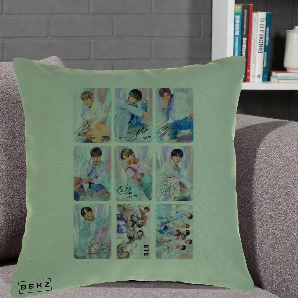 Perna Personalizata K-pop BTS Colaj 9 Fotografii Autografe Individual, 40x40 cm, Verde, Husa Detasabila, Perna Inclusa, BEKZ®