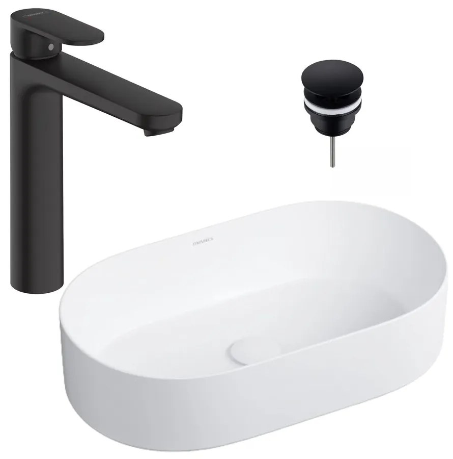 Pachet lavoar pe blat Omnires Mesa alb 53.5 cm, baterie lavoar Hansgrohe Vernis Blend 190 negru si ventil lavoar Click-Clack negru