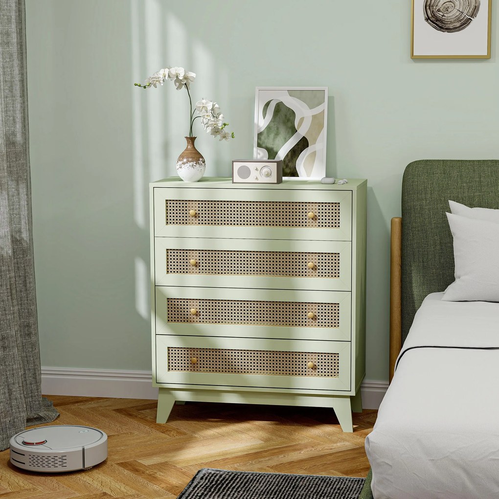 HOMCOM Comodă 4 sertare mobilier de depozitare cannage din ratan aspect lemn deschis 80 x 35 x 95 cm verde | Aosom Romania
