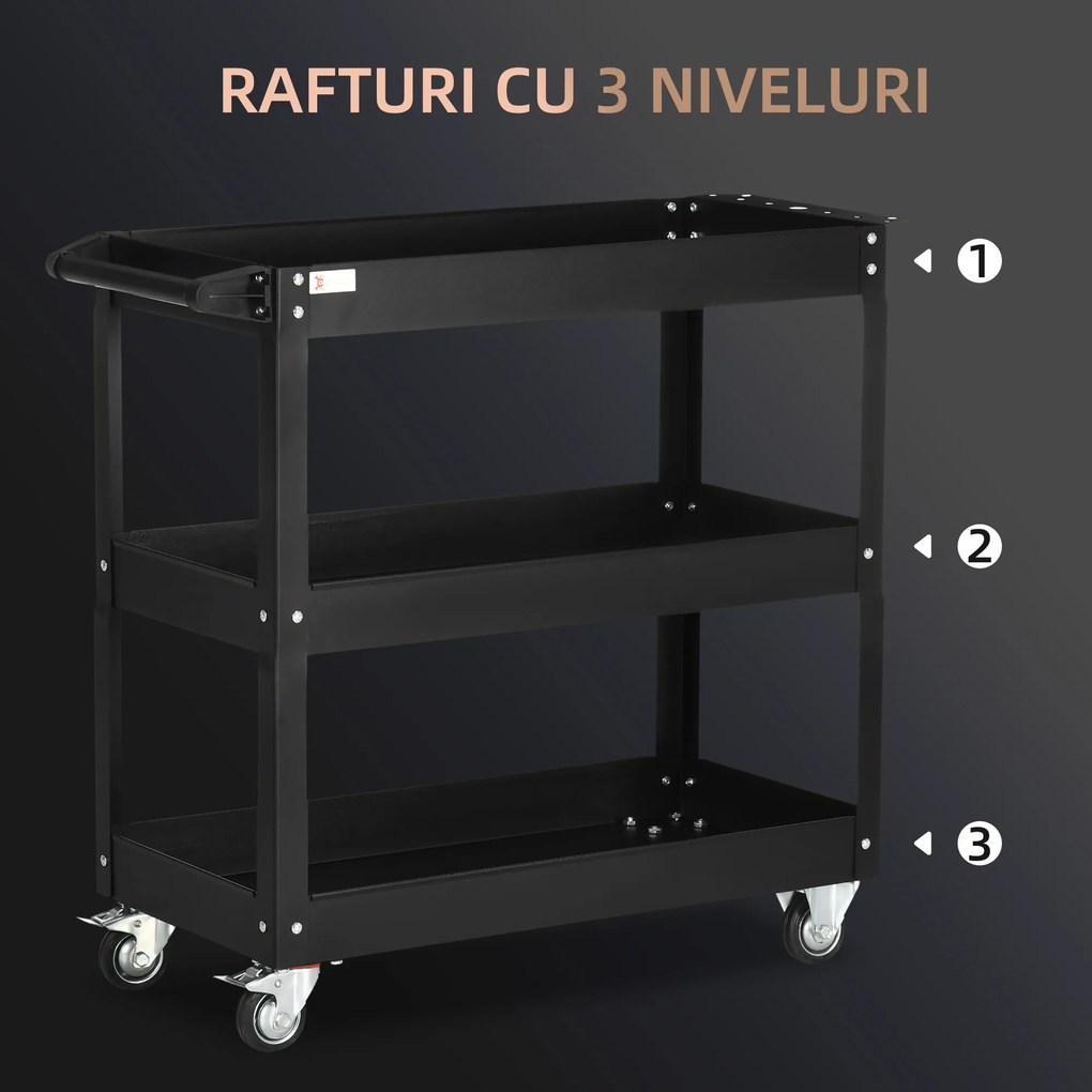 DURHAND Cărucior de Atelier cu 3 Niveluri cu Margini Înalte și 4 Roți Pivotante, 83x35,3x76 cm, Negru | Aosom Romania