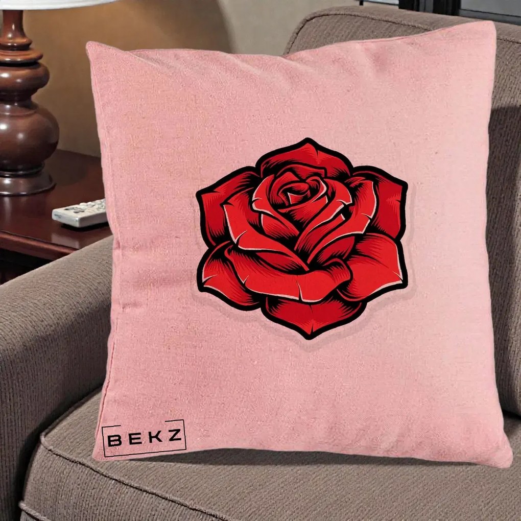 Perna Decorativa Trandafir Rosu Tattoo, 40x40 cm, Roz, Husa Detasabila, Perna Inclusa, BEKZ®
