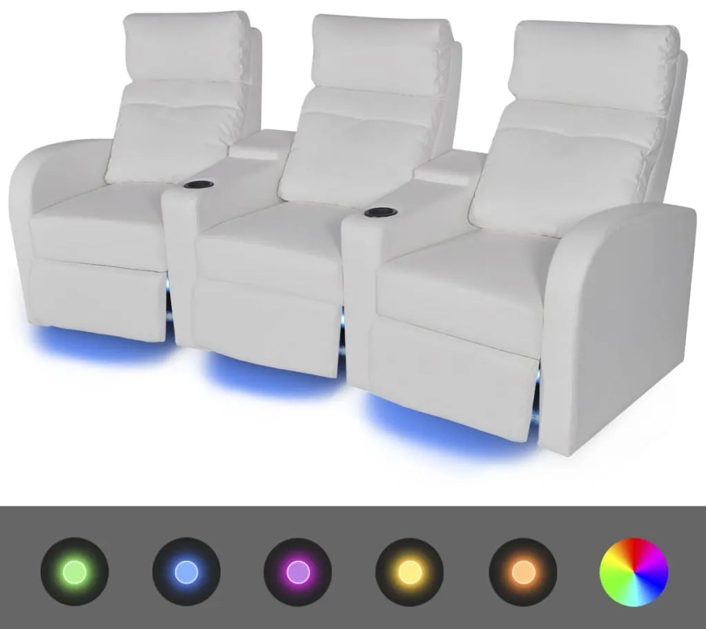 243597 vidaXL Canapea rabatabilă cu 3 locuri cu LED piele artificială alb