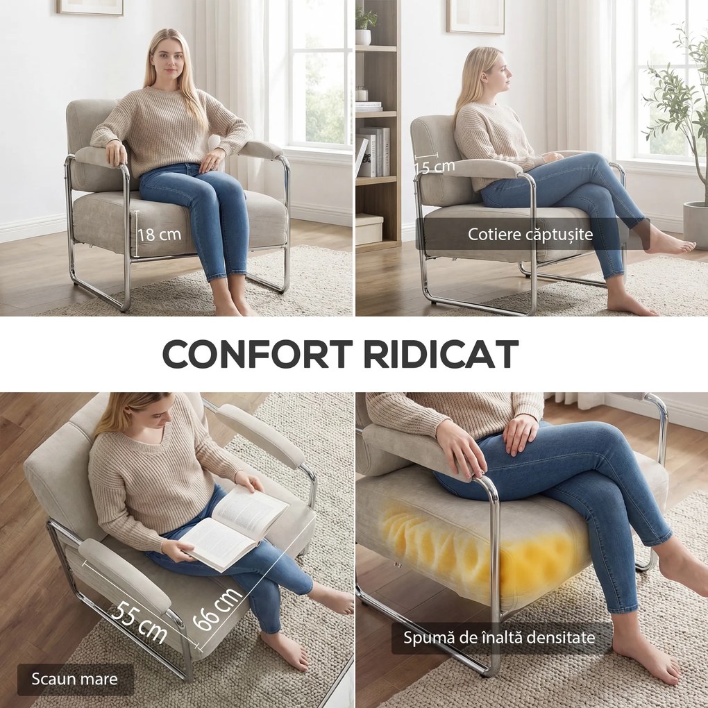 HOMCOM Fotoliu de Living cu Șezut Gros, Spațios, Cusături Duble, Fotoliu pentru Dormitor în Chenille Moale, Ușor de Asamblat, Cadru din Oțel, pentru Living, Birou, Bej | Aosom Romania