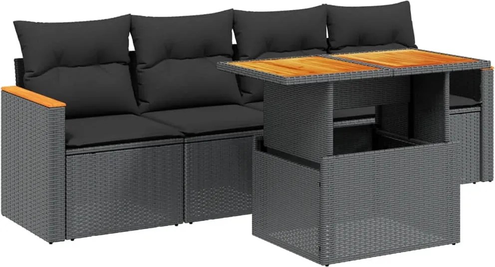vidaXL Set mobilier de grădină cu perne, 5 piese, negru, poliratan