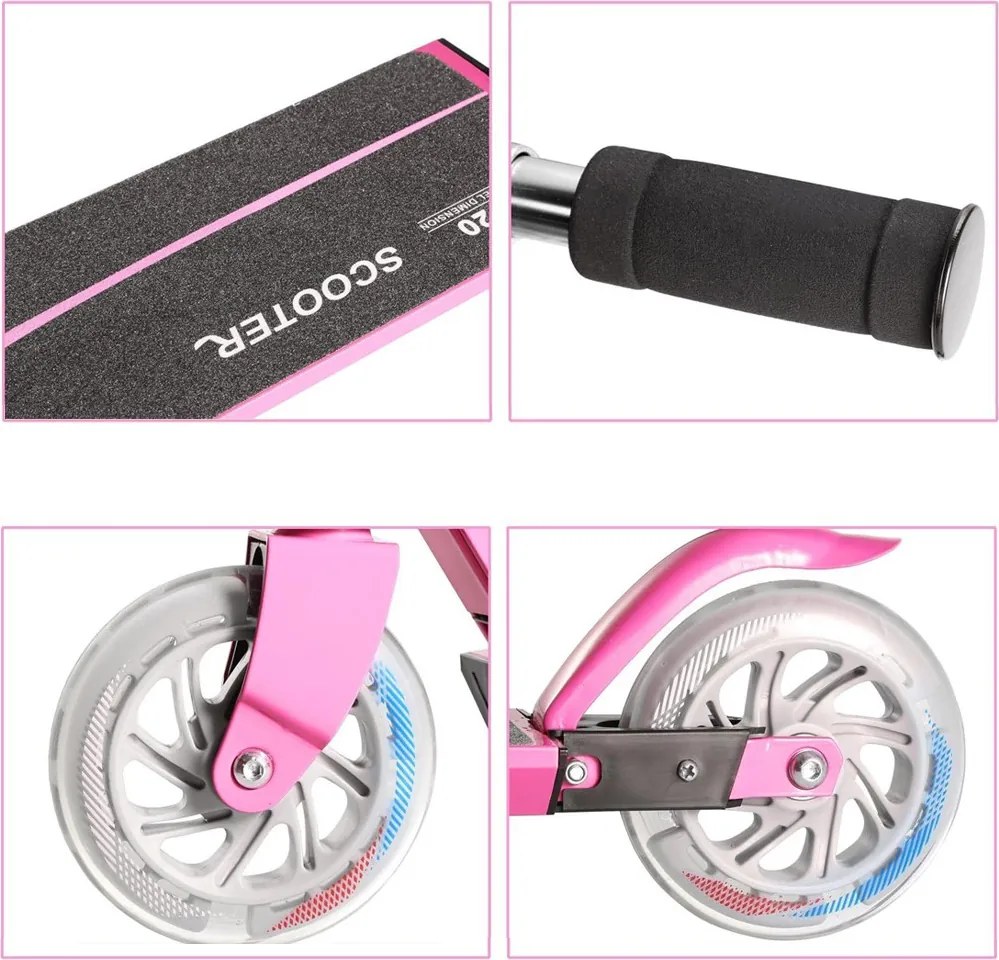 Trotinetă pliabilă din aluminiu cu roți LED roz