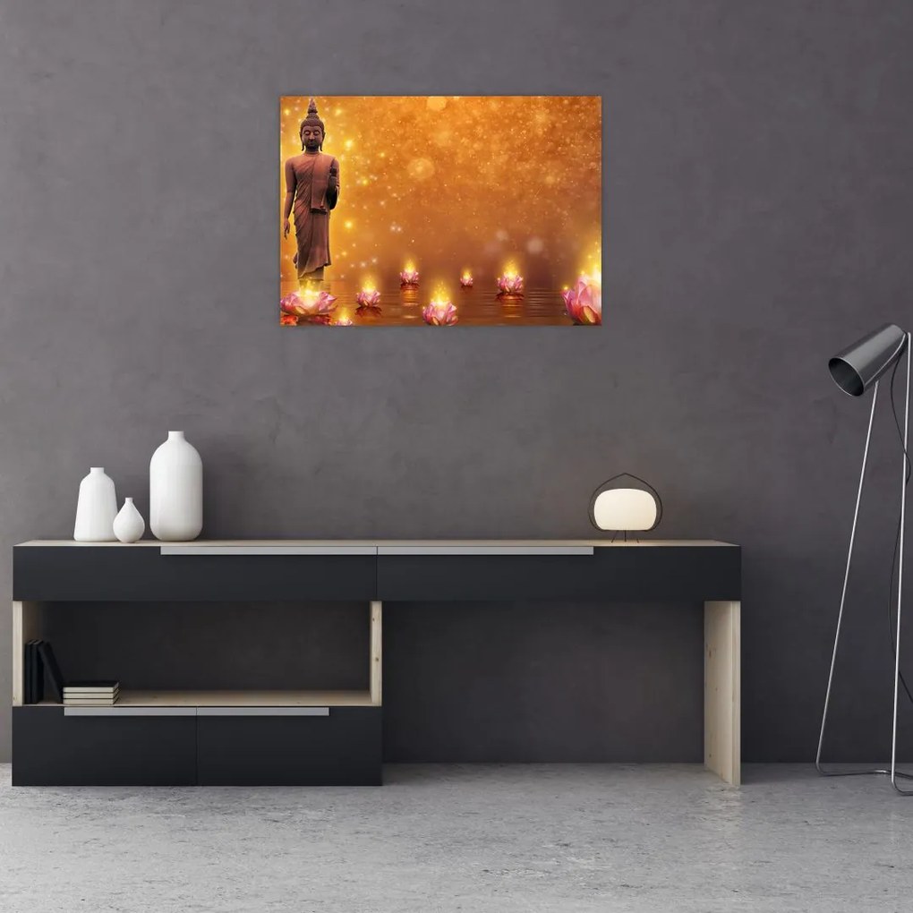 Tablou pe sticlă - Buddha în sclipici auriu (70x50 cm)
