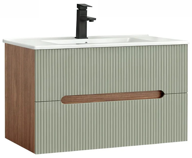 Trent 80 dulap de baie inferior cu chiuvetă ceramică (2 sertare) stejar apus de soare-olive verde
