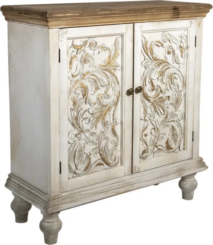 Comodă cu 2 uși, vintage, shabby chic, din lemn, alb, cu blat natur, raft interior și decor sculptat, 100 x 91 x 38 cm, „Fleur de Lys”