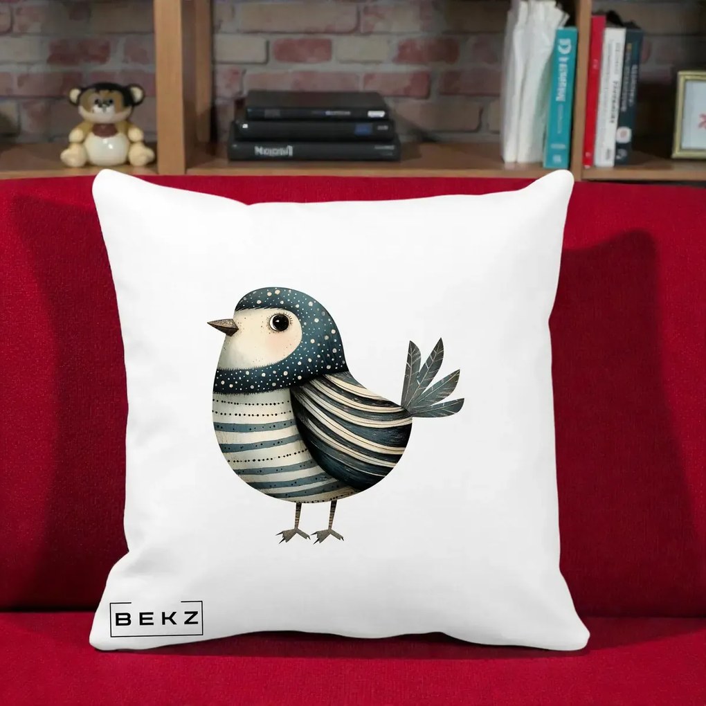 Perna Decorativa Pasare Teal Decorativa Dungata, 40x40 cm, Alba Mata, Husa Detasabila, Perna Inclusa, BEKZ®